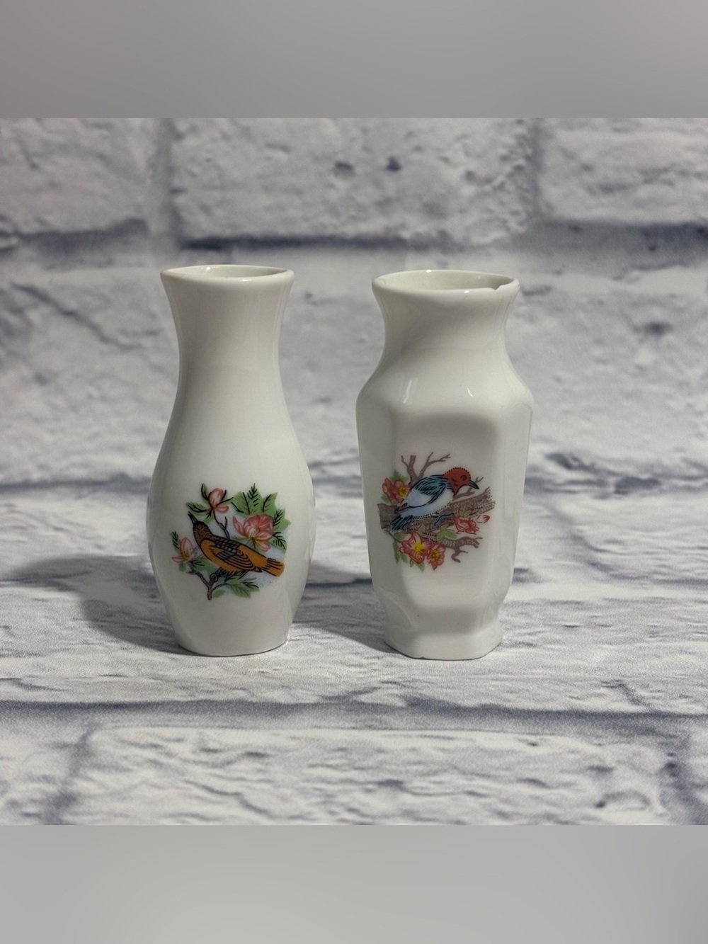 Vintage porcelain bird hand-painted miniature decorative bud vases